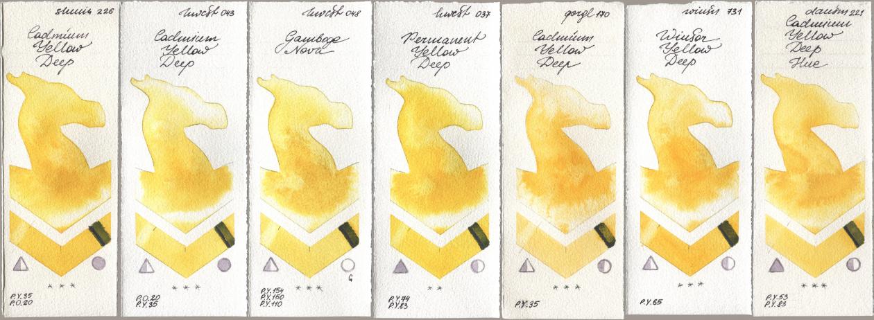 Shminke Horadam Aquarell 226 Cadmium Yellow Deep, Holbein Artists Watercolor 043 Cadmium Yellow Deep, 048 Gamboge Nova, 037 Permanent Yellow Deep, Golden QOR 170 Cadmium Yellow Deep, Winsor & Newton Professional 731 Winsor Yellow Deep, Daniel Smith 221 Cadmium Yellow Deep H watercolor swatch