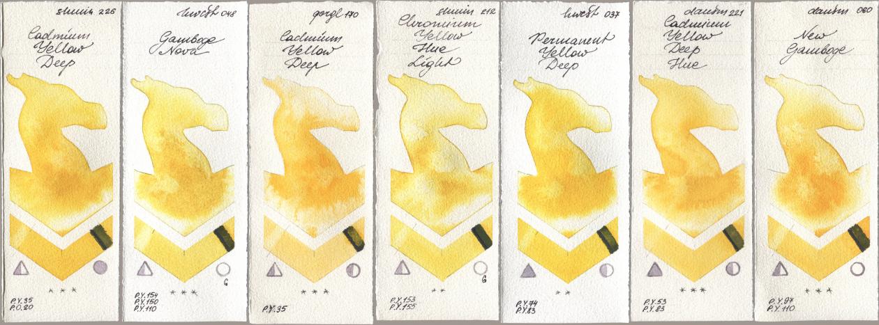 Shminke Horadam Aquarell 226 Cadmium Yellow Deep, Holbein Artists Watercolor 048 Gamboge Nova, Golden QOR 170 Cadmium Yellow Deep, 212 Chromium Yellow Hue Light, 037 Permanent Yellow Deep, Daniel Smith 221 Cadmium Yellow Deep Hue, 060 New Gambo watercolor swatch