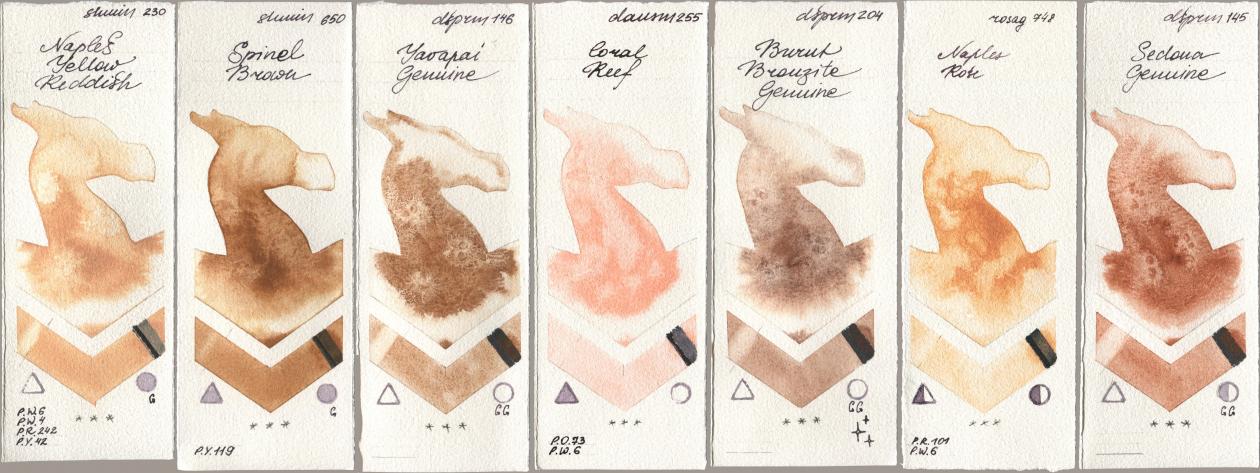 Shminke Horadam Aquarell 230 Naples Yellow Reddish, 650 Spinel Brown, Daniel Smith 146 Yavapai Genuine, 255 Coral Reef, 204 Burnt Bronzite Genuine, Rosa Gallery 748 Naples Rose, 145 Sedona Genui watercolor swatch