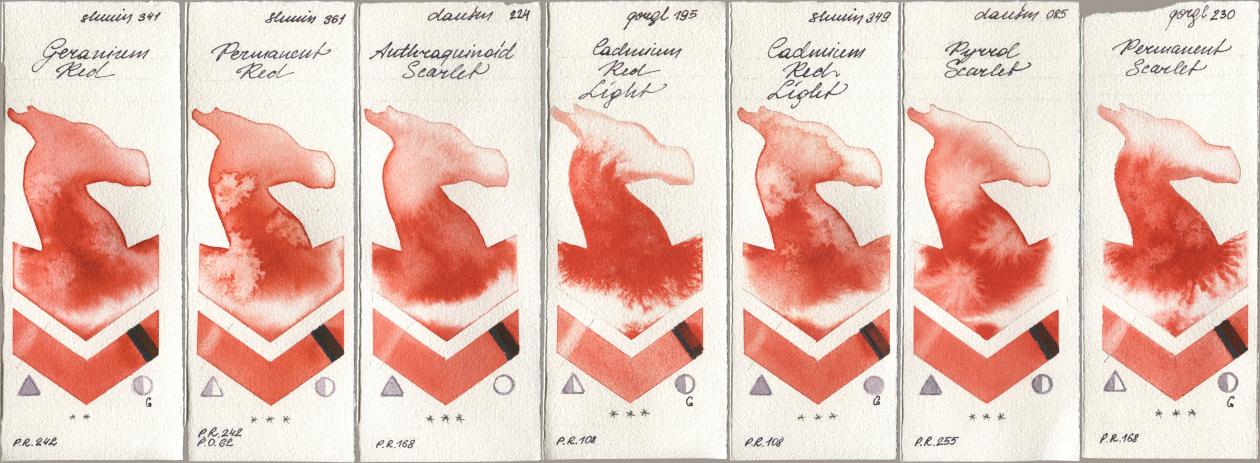 Shminke Horadam Aquarell 341 Geranium Red, 361 Permanent Red, Daniel Smith 224 Anthraquinoid Scarlet, Golden QOR 195 Cadmium Red Light, 349 Cadmium Red Light, 085 Pyrrol Scarlet, 230 Permanent Scarl watercolor swatch
