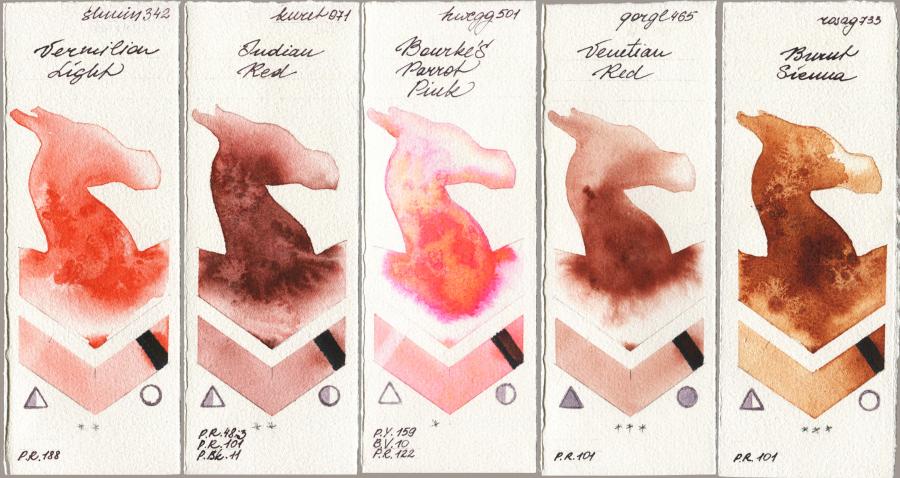 Shminke Horadam Aquarell 342 Vermilion Light vs Kuretake Gansai Tambi 071 Indian Red vs Holbein Artists Watercolor 501 Bourkes Parrot Pink vs Golden QOR 465 Venetian Red vs Rosa Gallery 733 Burnt Sienna watercolor swatch