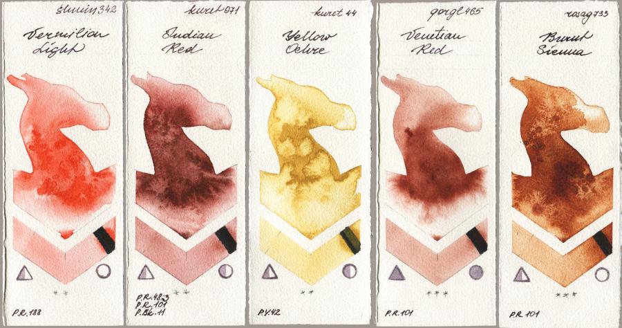 Shminke Horadam Aquarell 342 Vermilion Light vs Kuretake Gansai Tambi 071 Indian Red vs 044 Yellow Ochre vs Golden QOR 465 Venetian Red vs Rosa Gallery 733 Burnt Sienna watercolor swatch