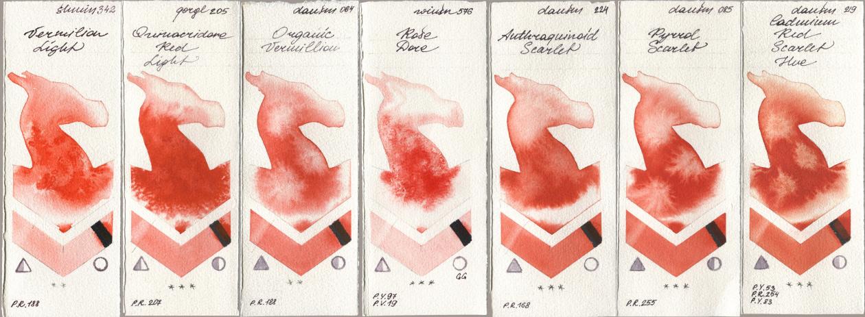 Shminke Horadam Aquarell 342 Vermilion Light, Golden QOR 205 Quinacridone Red Light, Daniel Smith 064 Organic Vermilion, Winsor & Newton Professional 576 Rose Dore, 224 Anthraquinoid Scarlet, 085 Pyrrol Scarlet, 219 Cadmium Red Scarlet H watercolor swatch