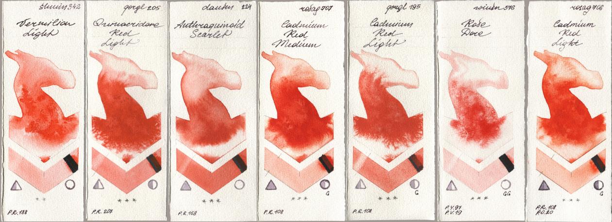 Shminke Horadam Aquarell 342 Vermilion Light, Golden QOR 205 Quinacridone Red Light, Daniel Smith 224 Anthraquinoid Scarlet, Rosa Gallery 707 Cadmium Red Medium, 195 Cadmium Red Light, Winsor & Newton Professional 576 Rose Dore, 706 Cadmium Red Lig watercolor swatch