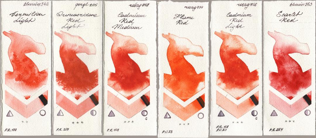 Shminke Horadam Aquarell 342 Vermilion Light, Golden QOR 205 Quinacridone Red Light, Rosa Gallery 707 Cadmium Red Medium, 734 Flame Red, 706 Cadmium Red Light, 363 Scarlet R watercolor swatch