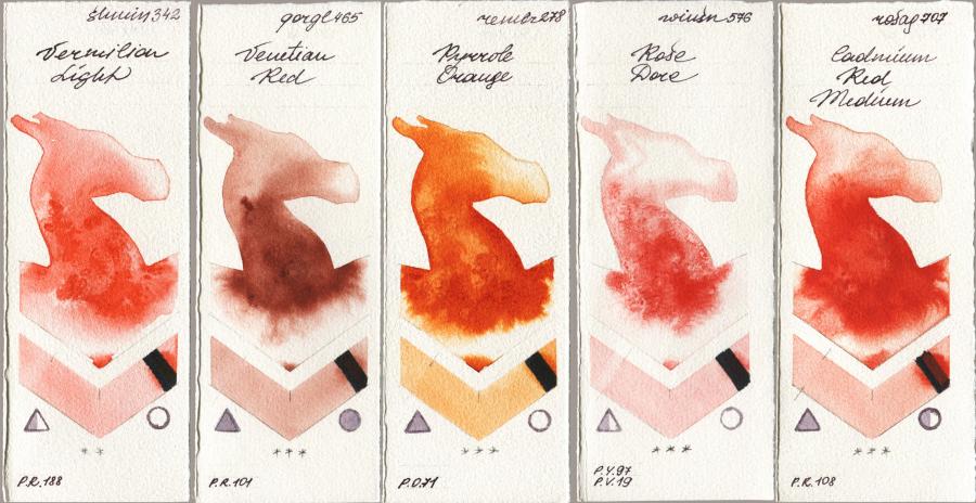 Shminke Horadam Aquarell 342 Vermilion Light vs Golden QOR 465 Venetian Red vs Royal Talens Rembrandt Watercolour 278 Pyrrole Orange vs Winsor & Newton Professional 576 Rose Dore vs Rosa Gallery 707 Cadmium Red Medium watercolor swatch