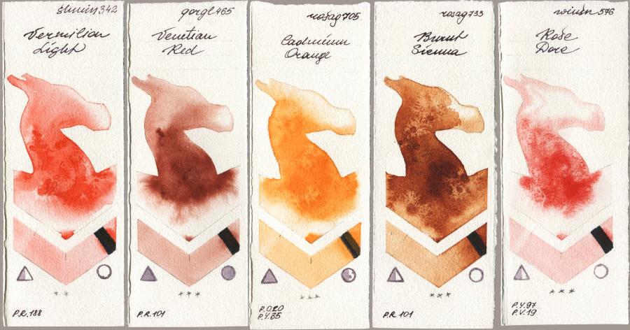 Shminke Horadam Aquarell 342 Vermilion Light vs Golden QOR 465 Venetian Red vs Rosa Gallery 705 Cadmium Orange vs 733 Burnt Sienna vs Winsor & Newton Professional 576 Rose Dore watercolor swatch