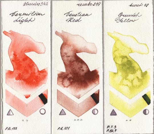 Shminke Horadam Aquarell 342 Vermilion Light vs Royal Talens Rembrandt Watercolour 349 Venerian Red vs Kuretake Gansai Tambi 048 Greenish Yellow watercolor swatch