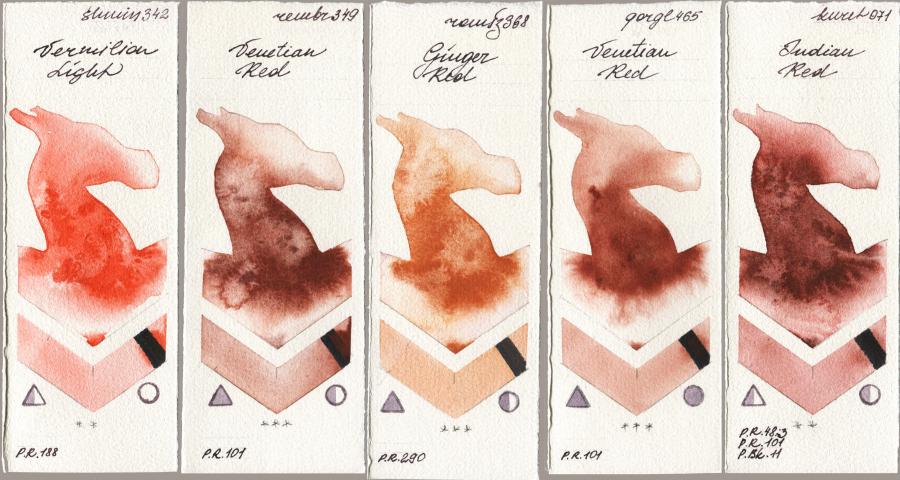 Shminke Horadam Aquarell 342 Vermilion Light vs Royal Talens Rembrandt Watercolour 349 Venerian Red vs Roman Szmal Aquarius 368 Genger Red vs Golden QOR 465 Venetian Red vs Kuretake Gansai Tambi 071 Indian Red watercolor swatch