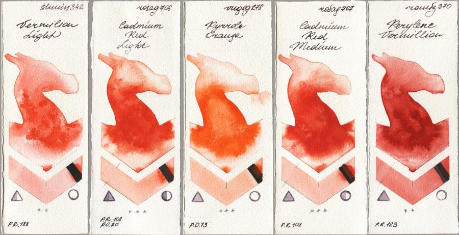 Shminke Horadam Aquarell 342 Vermilion Light vs Rosa Gallery 706 Cadmium Red Light vs Royal Talens Van Gogh Watercolour 278 Pyrrole Orange vs 707 Cadmium Red Medium vs Roman Szmal Aquarius 370 Perylene Vermillion watercolor swatch