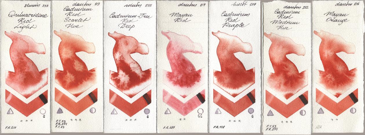 Shminke Horadam Aquarell 343 Quinacridone Red Light, Daniel Smith 219 Cadmium Red Scarlet Hue, Winsor & Newton Professional 895 Cadmium-Free Red Deep, 217 Mayan Red, Holbein Artists Watercolor 017 Cadmium Red Purple, 222 Cadmium Red Medium Hue, 216 Mayan Oran watercolor swatch