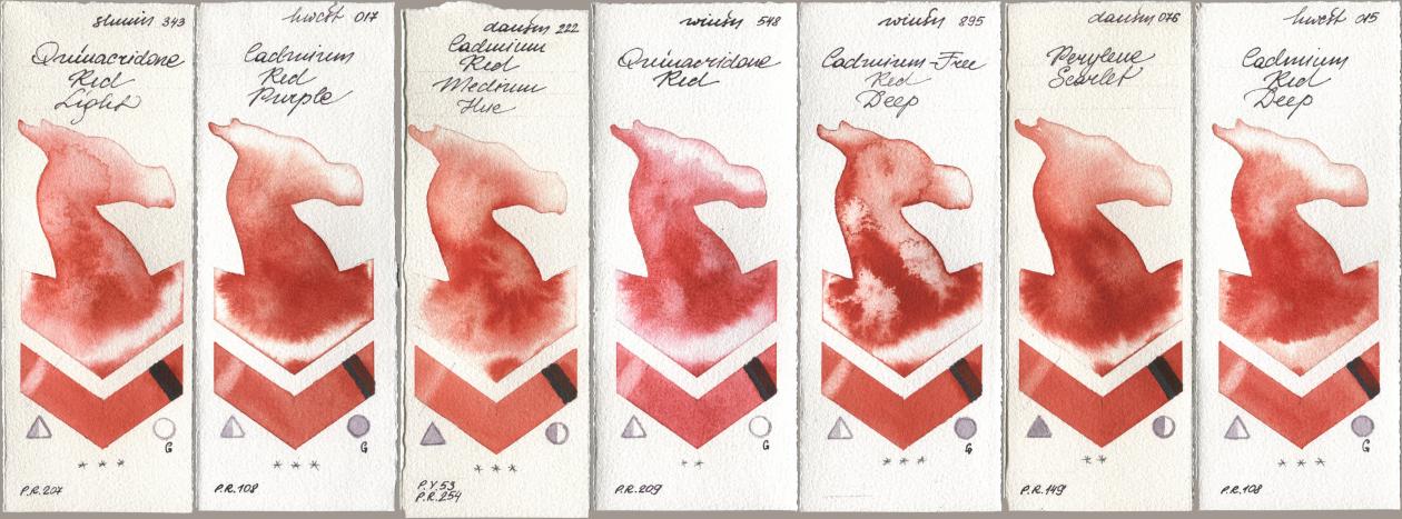 Shminke Horadam Aquarell 343 Quinacridone Red Light, Holbein Artists Watercolor 017 Cadmium Red Purple, Daniel Smith 222 Cadmium Red Medium Hue, Winsor & Newton Professional 548 Quinacridone Red, 895 Cadmium-Free Red Deep, 076 Perylene Scarlet, 015 Cadmium Red De watercolor swatch