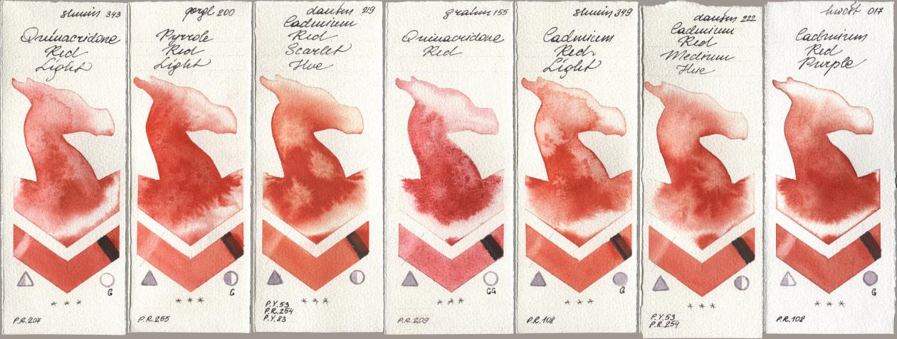 Shminke Horadam Aquarell 343 Quinacridone Red Light, Golden QOR 200 Pyrrole Red Light, Daniel Smith 219 Cadmium Red Scarlet Hue, M. Graham & Co. Artists 155 Quinacridone Red, 349 Cadmium Red Light, 222 Cadmium Red Medium Hue, Holbein Artists Watercolor 017 Cadmium Red Purp watercolor swatch
