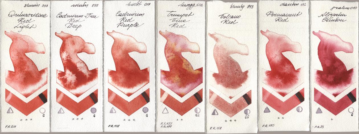 Shminke Horadam Aquarell 343 Quinacridone Red Light, Winsor & Newton Professional 895 Cadmium-Free Red Deep, Holbein Artists Watercolor 017 Cadmium Red Purple, 502 Trumpet Vine Red, 913 Volcano Red, Daniel Smith 072 Permanent Red, M. Graham & Co. Artists 010 Alizarin Crims watercolor swatch