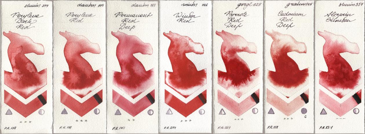 Shminke Horadam Aquarell 344 Perylene Dark Red, Daniel Smith 075 Perylene Red, 069 Permanent Red Deep, Winsor & Newton Professional 726 Winsor Red, Golden QOR 225 Pyrrole Red Deep, M. Graham & Co. Artists 045 Cadmium Red Deep, 357 Alizarin Crims watercolor swatch