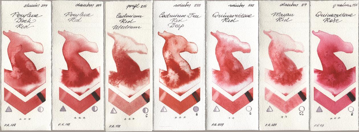 Shminke Horadam Aquarell 344 Perylene Dark Red, Daniel Smith 075 Perylene Red, Golden QOR 215 Cadmium Red Medium, Winsor & Newton Professional 895 Cadmium-Free Red Deep, 548 Quinacridone Red, 217 Mayan Red, M. Graham & Co. Artists 156 Quinacridone Ro watercolor swatch