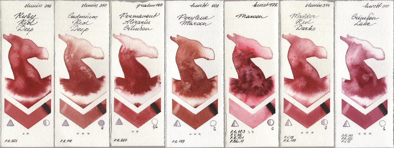Shminke Horadam Aquarell 346 Ruby Red Deep, 350 Cadmium Red Deep, M. Graham & Co. Artists 129 Permanent Alizarin Crimson, Holbein Artists Watercolor 008 Perylene Maroon, Kuretake Gansai Tambi 072 Maroon, 354 Madder Red Dark, 010 Crimson La watercolor swatch