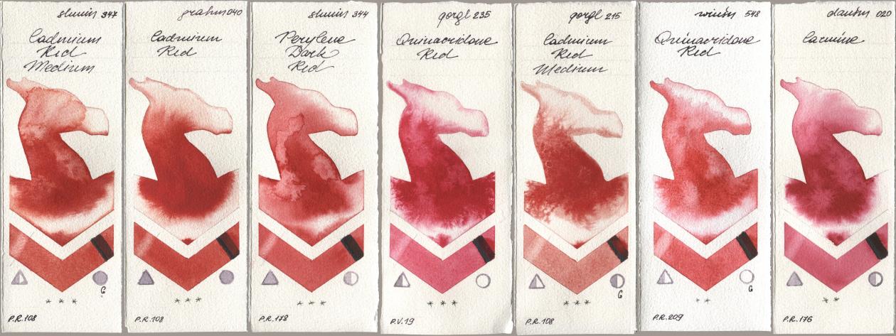 Shminke Horadam Aquarell 347 Cadmium Red Medium, M. Graham & Co. Artists 040 Cadmium Red, 344 Perylene Dark Red, Golden QOR 235 Quinacridone Red, 215 Cadmium Red Medium, Winsor & Newton Professional 548 Quinacridone Red, Daniel Smith 020 Carmi watercolor swatch