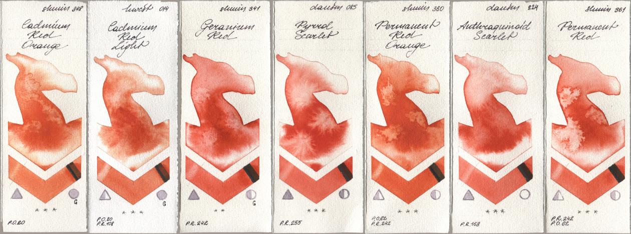 Shminke Horadam Aquarell 348 Cadmium Red Orange, Holbein Artists Watercolor 014 Cadmium Red Light, 341 Geranium Red, Daniel Smith 085 Pyrrol Scarlet, 360 Permanent Red Orange, 224 Anthraquinoid Scarlet, 361 Permanent R watercolor swatch