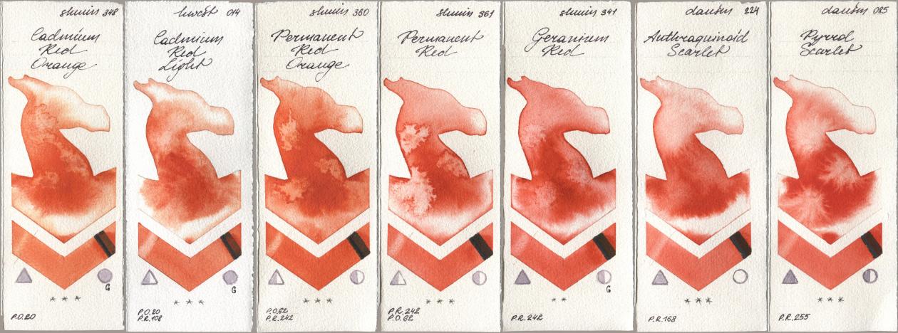 Shminke Horadam Aquarell 348 Cadmium Red Orange, Holbein Artists Watercolor 014 Cadmium Red Light, 360 Permanent Red Orange, 361 Permanent Red, 341 Geranium Red, Daniel Smith 224 Anthraquinoid Scarlet, 085 Pyrrol Scarl watercolor swatch