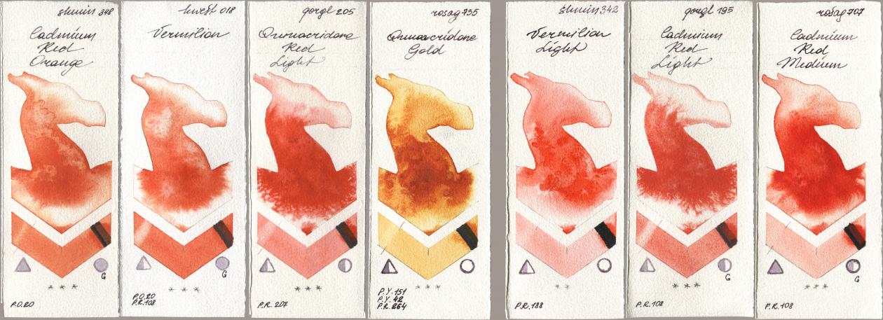 Shminke Horadam Aquarell 348 Cadmium Red Orange, Holbein Artists Watercolor 018 Vermilion, Golden QOR 205 Quinacridone Red Light, Rosa Gallery 735 Quinacridone Gold, 342 Vermilion Light, 195 Cadmium Red Light, 707 Cadmium Red Medi watercolor swatch