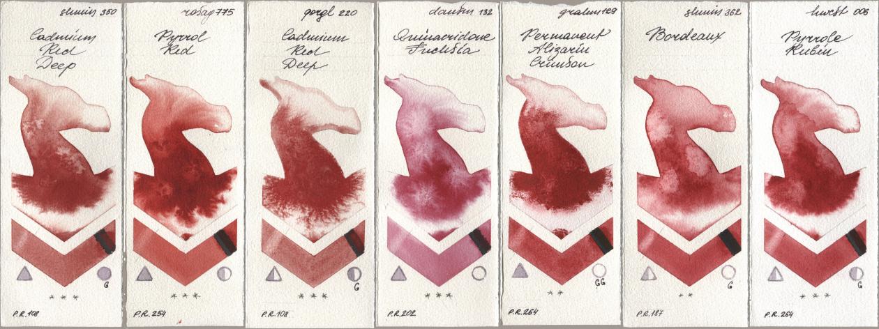 Shminke Horadam Aquarell 350 Cadmium Red Deep, Rosa Gallery 775 Pyrrole Red, Golden QOR 220 Cadmium Red Deep, Daniel Smith 132 Quinacridone Fuchsia, M. Graham & Co. Artists 129 Permanent Alizarin Crimson, 362 Bordeaux, Holbein Artists Watercolor 006 Pyrrole Rub watercolor swatch