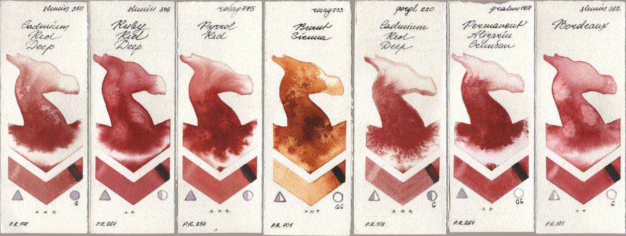 Shminke Horadam Aquarell 350 Cadmium Red Deep, 346 Ruby Red Deep, Rosa Gallery 775 Pyrrole Red, 733 Burnt Sienna, Golden QOR 220 Cadmium Red Deep, M. Graham & Co. Artists 129 Permanent Alizarin Crimson, 362 Bordea watercolor swatch