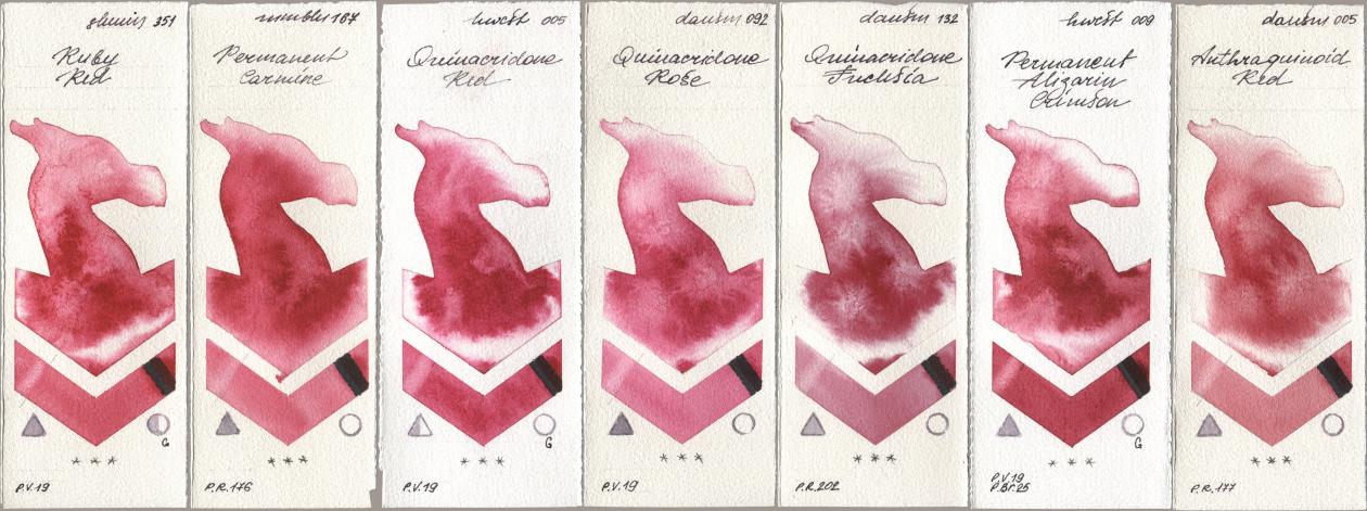 Shminke Horadam Aquarell 351 Ruby Red, Maimeri Blu 167 Permanent Carmine, Holbein Artists Watercolor 005 Quinacridone Red, Daniel Smith 092 Quinacridone Rose, 132 Quinacridone Fuchsia, 009 Permanent Alizarin Crimson, 005 Anthraquinoid R watercolor swatch