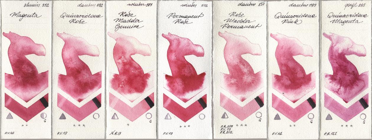 Shminke Horadam Aquarell 352 Magenta, Daniel Smith 092 Quinacridone Rose, Winsor & Newton Professional 587 Rose Madder Genuine, 502 Permanent Rose, 237 Rose Madder Permanent, 095 Quinacridone Pink, Golden QOR 265 Quinacridone Magen watercolor swatch