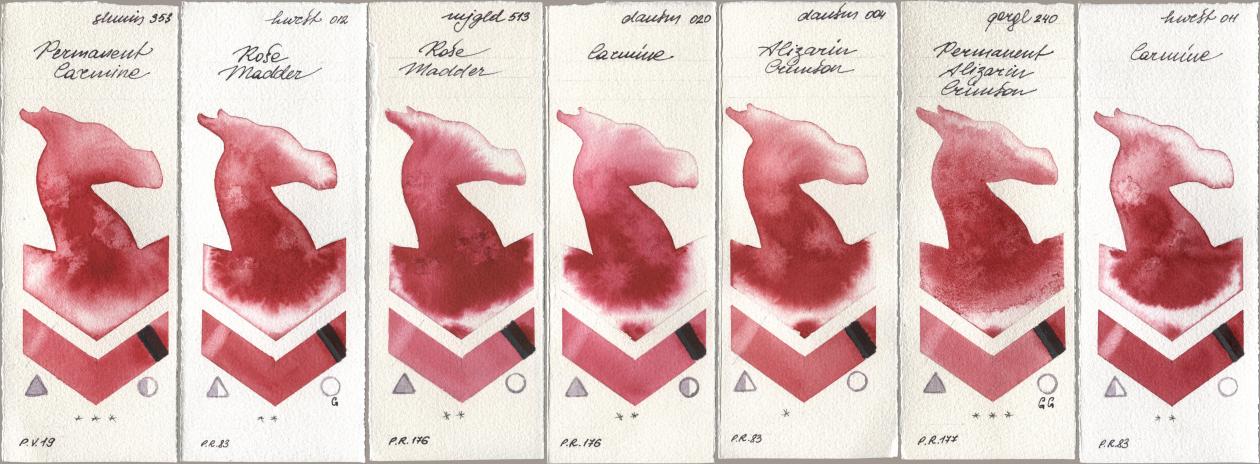 Shminke Horadam Aquarell 353 Permanent Carmine, Holbein Artists Watercolor 012 Rose Madder, Mijello Mission Gold 513 Rose Madder, Daniel Smith 020 Carmine, 004 Alizarin Crimson, Golden QOR 240 Permanent Alizarin Crimson, 011 Carmi watercolor swatch