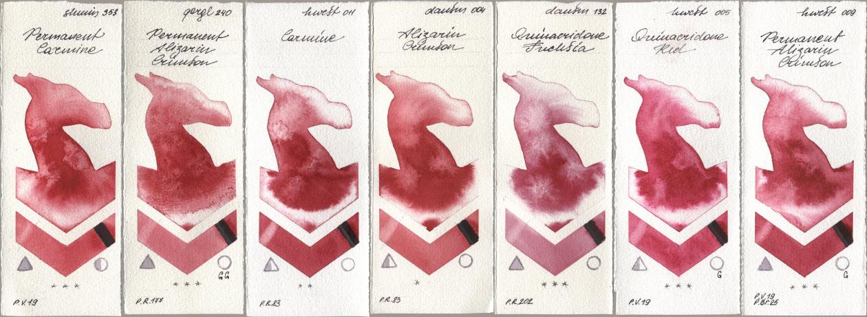 Shminke Horadam Aquarell 353 Permanent Carmine, Golden QOR 240 Permanent Alizarin Crimson, Holbein Artists Watercolor 011 Carmine, Daniel Smith 004 Alizarin Crimson, 132 Quinacridone Fuchsia, 005 Quinacridone Red, 009 Permanent Alizarin Crims watercolor swatch