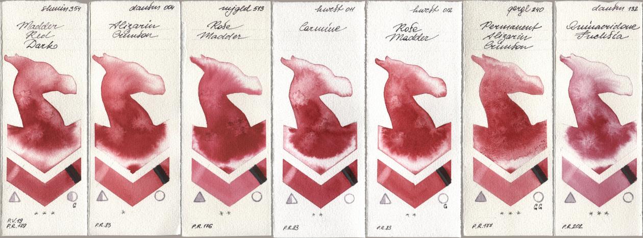 Shminke Horadam Aquarell 354 Madder Red Dark, Daniel Smith 004 Alizarin Crimson, Mijello Mission Gold 513 Rose Madder, Holbein Artists Watercolor 011 Carmine, 012 Rose Madder, Golden QOR 240 Permanent Alizarin Crimson, 132 Quinacridone Fuchs watercolor swatch