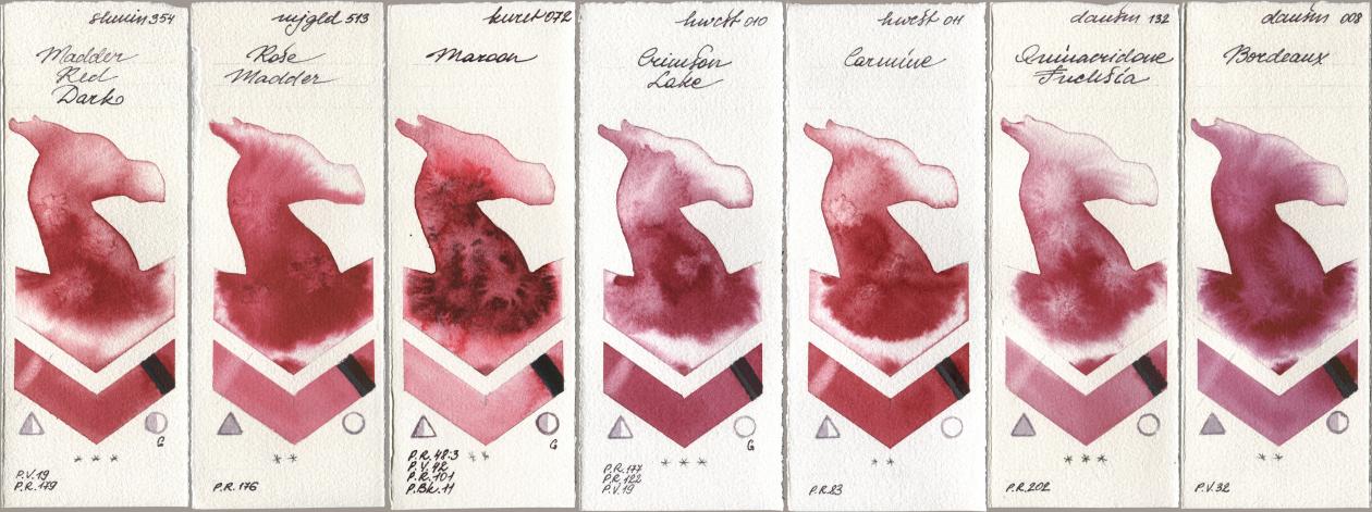 Shminke Horadam Aquarell 354 Madder Red Dark, Mijello Mission Gold 513 Rose Madder, Kuretake Gansai Tambi 072 Maroon, Holbein Artists Watercolor 010 Crimson Lake, 011 Carmine, Daniel Smith 132 Quinacridone Fuchsia, 008 Bordea watercolor swatch