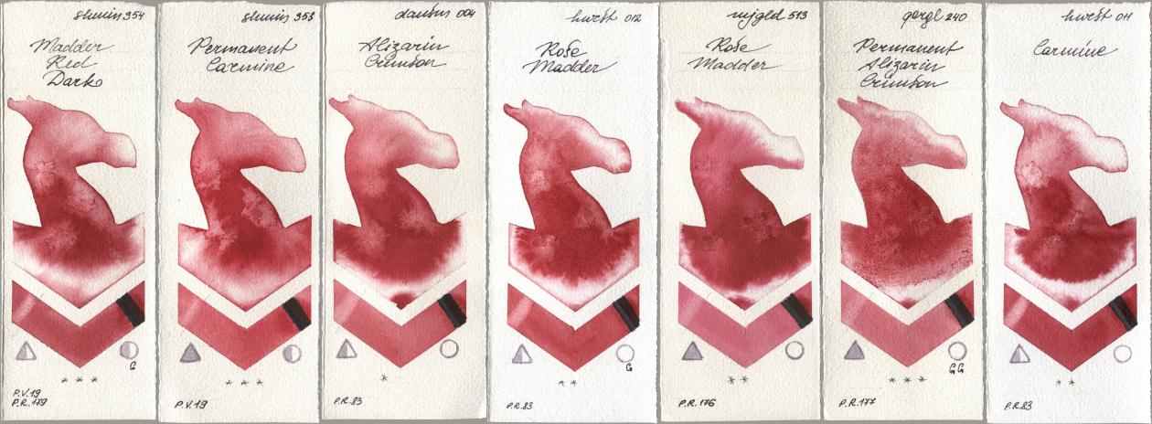 Shminke Horadam Aquarell 354 Madder Red Dark, 353 Permanent Carmine, Daniel Smith 004 Alizarin Crimson, Holbein Artists Watercolor 012 Rose Madder, Mijello Mission Gold 513 Rose Madder, Golden QOR 240 Permanent Alizarin Crimson, 011 Carmi watercolor swatch