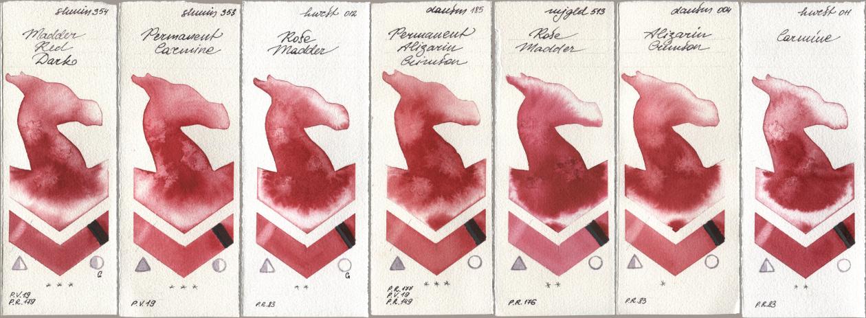 Shminke Horadam Aquarell 354 Madder Red Dark, 353 Permanent Carmine, Holbein Artists Watercolor 012 Rose Madder, Daniel Smith 185 Permanent Alizarin Crimson, Mijello Mission Gold 513 Rose Madder, 004 Alizarin Crimson, 011 Carmi watercolor swatch