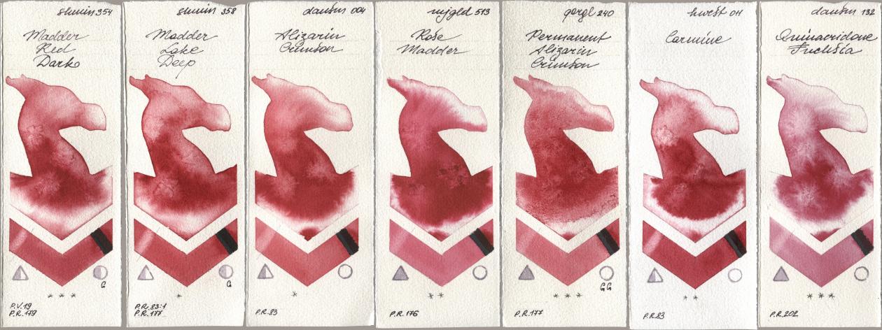 Shminke Horadam Aquarell 354 Madder Red Dark, 358 Madder Lake Deep, Daniel Smith 004 Alizarin Crimson, Mijello Mission Gold 513 Rose Madder, Golden QOR 240 Permanent Alizarin Crimson, Holbein Artists Watercolor 011 Carmine, 132 Quinacridone Fuchs watercolor swatch