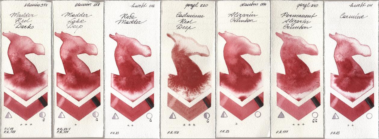 Shminke Horadam Aquarell 354 Madder Red Dark, 358 Madder Lake Deep, Holbein Artists Watercolor 012 Rose Madder, Golden QOR 220 Cadmium Red Deep, Daniel Smith 004 Alizarin Crimson, 240 Permanent Alizarin Crimson, 011 Carmi watercolor swatch