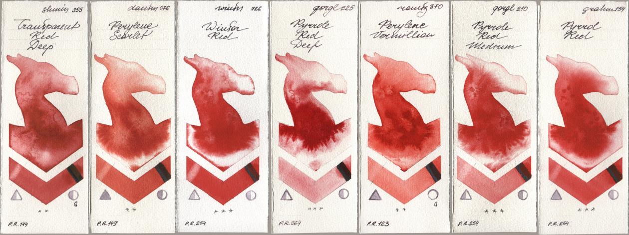 Shminke Horadam Aquarell 355 Transparent Red Deep, Daniel Smith 076 Perylene Scarlet, Winsor & Newton Professional 726 Winsor Red, Golden QOR 225 Pyrrole Red Deep, Roman Szmal Aquarius 370 Perylene Vermillion, 210 Pyrrole Red Medium, M. Graham & Co. Artists 154 Pyrrol R watercolor swatch