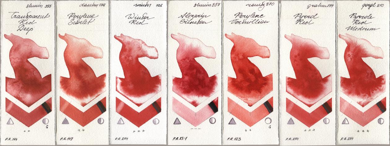 Shminke Horadam Aquarell 355 Transparent Red Deep, Daniel Smith 076 Perylene Scarlet, Winsor & Newton Professional 726 Winsor Red, 357 Alizarin Crimson, Roman Szmal Aquarius 370 Perylene Vermillion, M. Graham & Co. Artists 154 Pyrrol Red, Golden QOR 210 Pyrrole Red Medi watercolor swatch