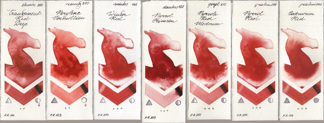Shminke Horadam Aquarell 355 Transparent Red Deep, Roman Szmal Aquarius 370 Perylene Vermillion, Winsor & Newton Professional 726 Winsor Red, Daniel Smith 127 Pyrrol Crimson, Golden QOR 210 Pyrrole Red Medium, M. Graham & Co. Artists 154 Pyrrol Red, 040 Cadmium R watercolor swatch
