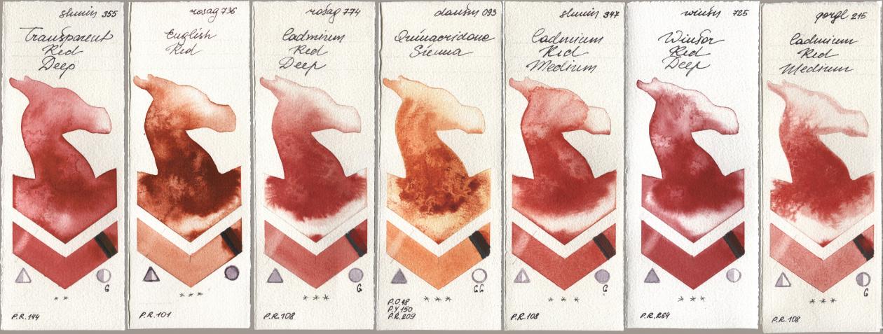 Shminke Horadam Aquarell 355 Transparent Red Deep, Rosa Gallery 736 English Red, 774 Cadmium Red Deep, Daniel Smith 093 Quinacridone Sienna, 347 Cadmium Red Medium, Winsor & Newton Professional 725 Winsor Red Deep, Golden QOR 215 Cadmium Red Medi watercolor swatch