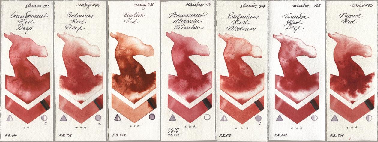 Shminke Horadam Aquarell 355 Transparent Red Deep, Rosa Gallery 774 Cadmium Red Deep, 736 English Red, Daniel Smith 185 Permanent Alizarin Crimson, 347 Cadmium Red Medium, Winsor & Newton Professional 725 Winsor Red Deep, 775 Pyrrole R watercolor swatch