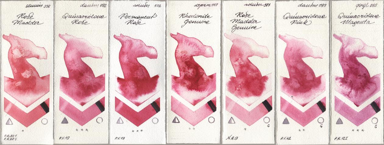 Shminke Horadam Aquarell 356 Rose Madder, Daniel Smith 092 Quinacridone Rose, Winsor & Newton Professional 502 Permanent Rose, 167 Rhodonite Genuine, 587 Rose Madder Genuine, 095 Quinacridone Pink, Golden QOR 265 Quinacridone Magen watercolor swatch