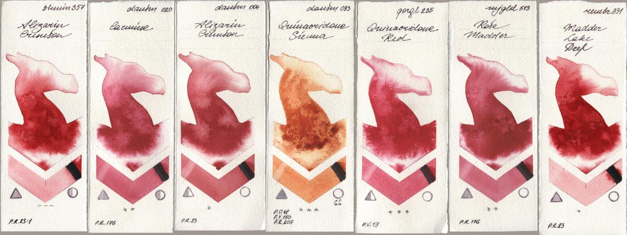 Shminke Horadam Aquarell 357 Alizarin Crimson, Daniel Smith 020 Carmine, 004 Alizarin Crimson, 093 Quinacridone Sienna, Golden QOR 235 Quinacridone Red, Mijello Mission Gold 513 Rose Madder, Royal Talens Rembrandt Watercolour 331 Madder Lake De watercolor swatch