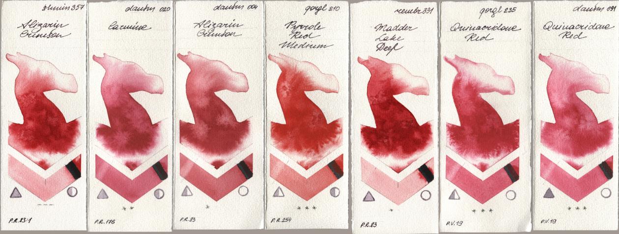 Shminke Horadam Aquarell 357 Alizarin Crimson, Daniel Smith 020 Carmine, 004 Alizarin Crimson, Golden QOR 210 Pyrrole Red Medium, Royal Talens Rembrandt Watercolour 331 Madder Lake Deep, 235 Quinacridone Red, 091 Quinacridone R watercolor swatch