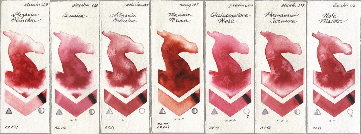 Shminke Horadam Aquarell 357 Alizarin Crimson, Daniel Smith 020 Carmine, Winsor & Newton Professional 004 Alizarin Crimson, Rosa Gallery 757 Madder Brown, M. Graham & Co. Artists 156 Quinacridone Rose, 353 Permanent Carmine, Holbein Artists Watercolor 012 Rose Madd watercolor swatch