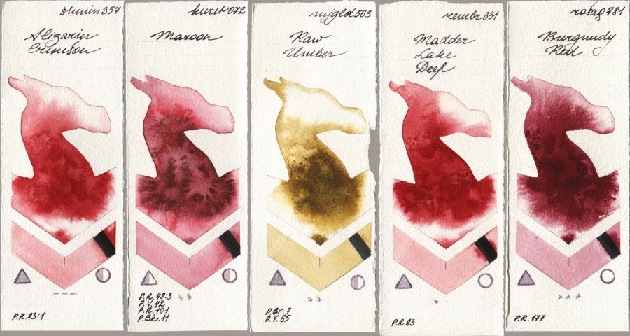 Shminke Horadam Aquarell 357 Alizarin Crimson vs Kuretake Gansai Tambi 072 Maroon vs Mijello Mission Gold 563 Raw Umber vs Royal Talens Rembrandt Watercolour 331 Madder Lake Deep vs Rosa Gallery 781 Burgundy Red watercolor swatch