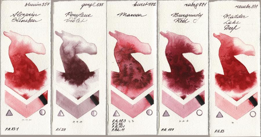 Shminke Horadam Aquarell 357 Alizarin Crimson vs Golden QOR 635 Perylene Violet vs Kuretake Gansai Tambi 072 Maroon vs Rosa Gallery 781 Burgundy Red vs Royal Talens Rembrandt Watercolour 331 Madder Lake Deep watercolor swatch