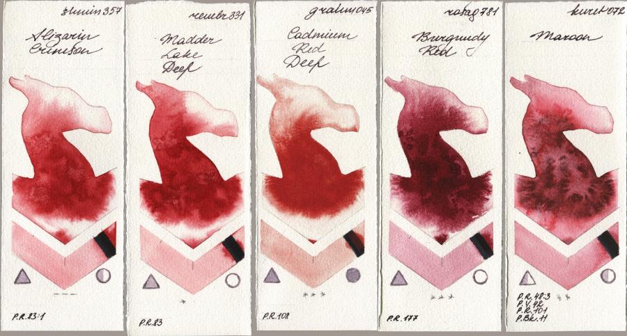 Shminke Horadam Aquarell 357 Alizarin Crimson vs Royal Talens Rembrandt Watercolour 331 Madder Lake Deep vs M. Graham & Co. Artists 045 Cadmium Red Deep vs Rosa Gallery 781 Burgundy Red vs Kuretake Gansai Tambi 072 Maroon watercolor swatch
