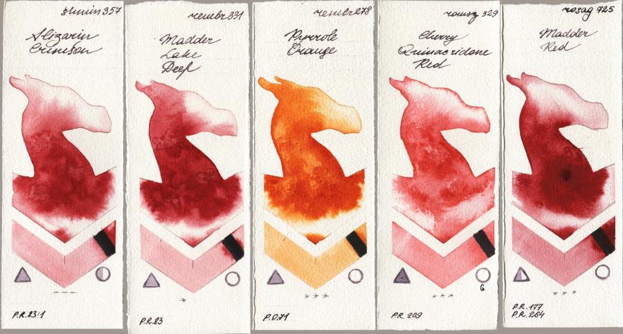 Shminke Horadam Aquarell 357 Alizarin Crimson vs Royal Talens Rembrandt Watercolour 331 Madder Lake Deep vs 278 Pyrrole Orange vs Roman Szmal Aquarius 329 Cherry Quinacridone Red vs Rosa Gallery 725 Madder Red watercolor swatch